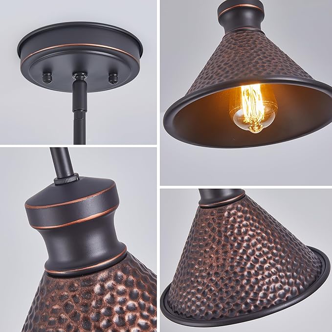 Tarentlight Max 58”Ht Adjustable Tube Mini Pendant,Vintage Hammered Pattern Cast Aluminum Shade,1-E26 Classic Lamp,Oil Rubbed Bronze Farmhouse Hanging Light for Kitchen Island,Entryway,Dining Room.