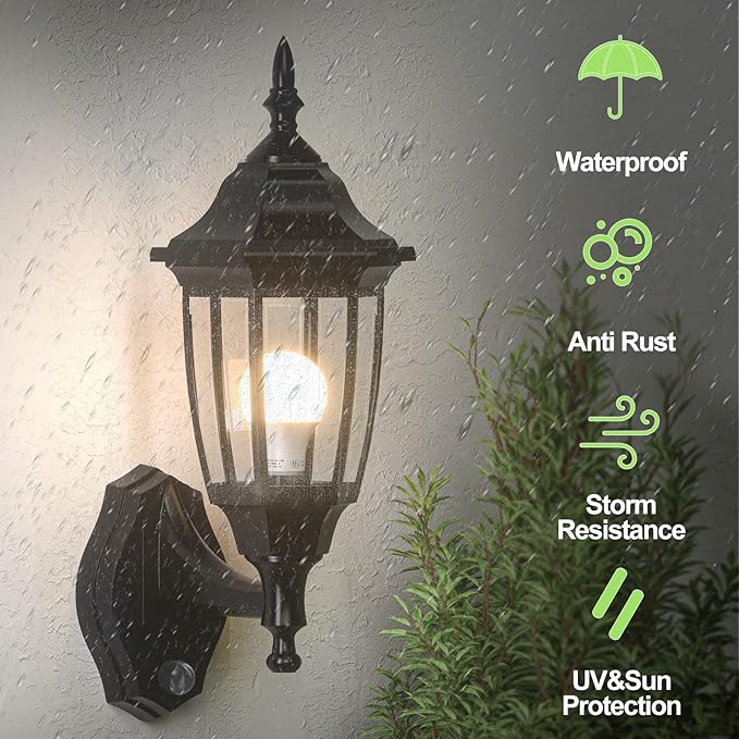 EMART Dusk to Dawn Plastic Outdoor Wall Light Fixtures with Bulbs, Waterproof and Anti-Corrosion Porch Sconces, Exterior Lanterns Wall Mount Lamp for Outside, Garage, Front Door, Patio, 1 Pack, Black