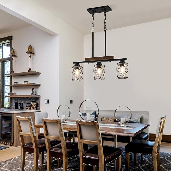 3-Light Dining Room Light Fixture/Chandelier Over Table, Island Lighting Hanging for Farmhouse Linear Chandeliers Matte Black Rustic Wood Ceiling Pendant Light Fixtures, with Clear Glass Shade