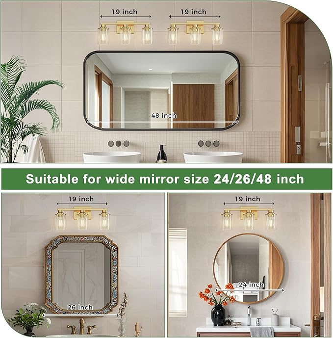 DORESshop 20 Inch Bathroom Light Fixtures, 3-Light Brass Bathroom Lighting Fixtures Over Mirror with Clear Glass Shade, Vanity Lights for Living Room Bedroom, ETL Listed