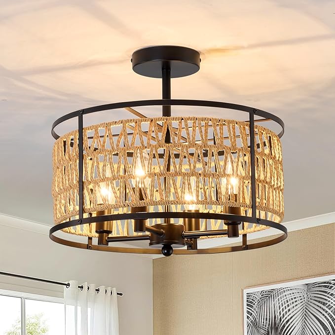 4 Light Rattan Ceiling Light Fixture 15inch Boho Semi Flush Mount Ceiling Light Black Hand-Woven Cage Wicker Chandelier for Dinning Room Living Room Bedroom Farmhouse Hallway Kitchen