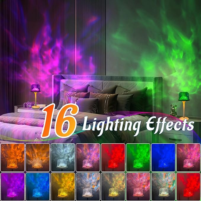RGB Ocean Wave Projector, Rechargeable Table Lamps with Remote & Touch Control, Cordless LED Projector Light with 16 Color Changeable for Kitchen Counter Nightstand Desk Bathroom (White)
