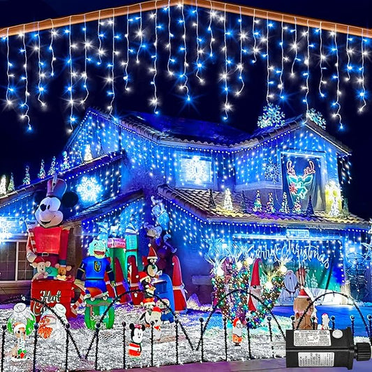 132ft Icicle Lights for Outside, Blue and White Christmas Lights Outdoor Indoor, 1280 LED Twinkle String Light with 240 Drops Curtain Light for Thanksgiving Room Home Wall Bedroom Window Decoration
