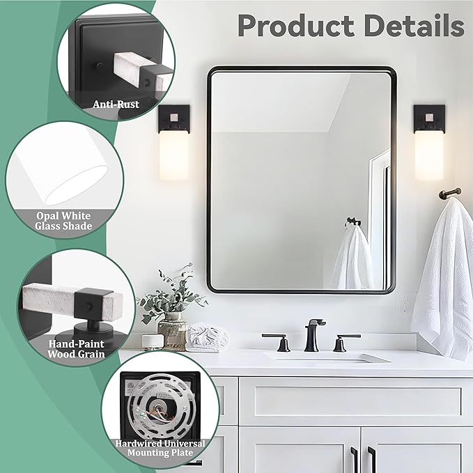 Wall Sconces Set of Two, Farmhouse Rustic Vanity Light for Bathroom, Wall Light Fixtures with White Shade for Mirror, Bedroom, Living Room, White Handcrafted Wood-Grain, Hardwired(Bulbs Not Included)