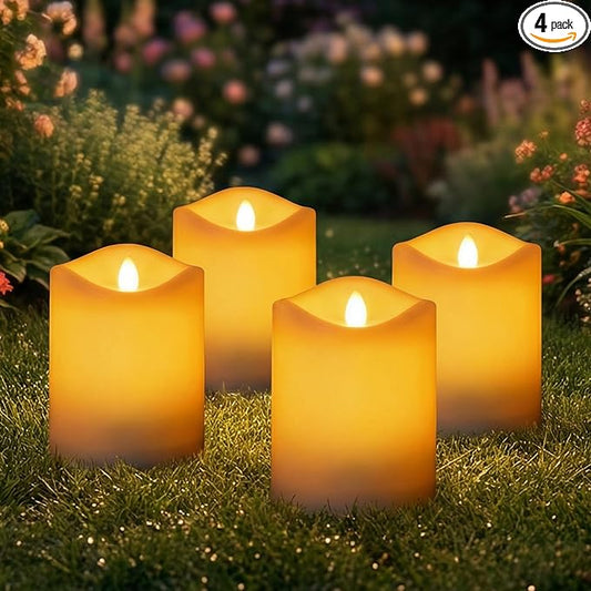Livinlarge 4 Pack Outdoor Solar Powered Candles, 3"x4" Rechargeable Dusk to Dawn Lighting, Flameless Flickering Pillar LED Votive Candle, IP65 Waterproof for Patio Yard Deck Window Table Decor