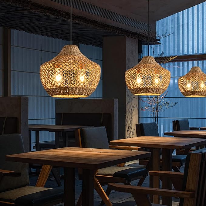 15.4" Rattan Pendant Light Fixtures,Boho Water Plants Pendant Light,2-Light Hand Woven Seagrass Chandelier for Workplace Occasions Restaurants Dining Living Bedroom Kitchen Farmhouse