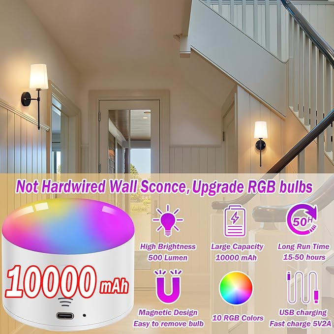 YHCDLAMP Battery Operated Wall Sconce Light with Remote Control, Dimmable Wall Sconce Set of 2 with White Fabric Shade, Wireless Battery Operated Wall Lamp for Bedroom Living Room, Bulb Included