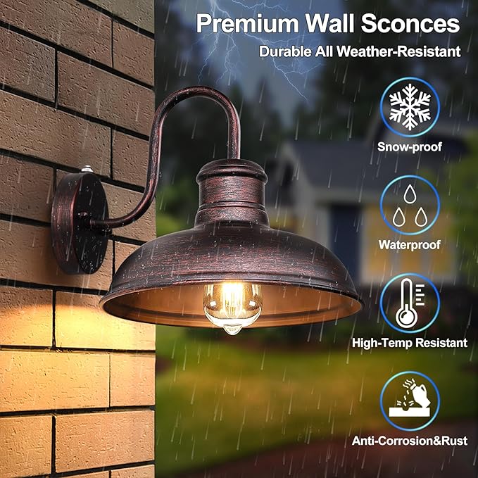 TOBUSA 2-Pack Dusk to Dawn Outdoor Wall Lights, Exterior Farmhouse Gooseneck Barn Light, Vintage Outside Wall Mount Light Fixture, Waterproof Outdoor Light for House Porch Garage, Distressed Brown