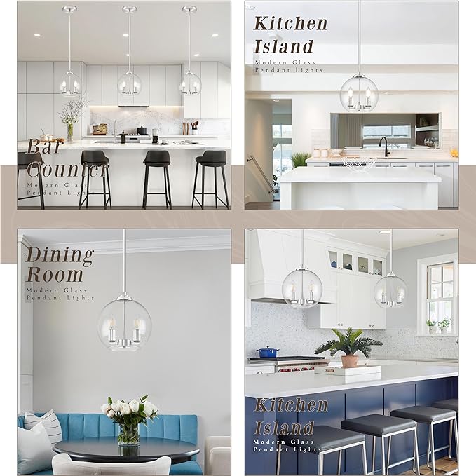 10" Globe Pendant Lights Kitchen Island 2 Pack Glass Globe Pendant Light Fixture Bedroom Mid Century Modern Pendant Lighting Nickel Pendant Light for Kitchen Island (Bulb Incl.)
