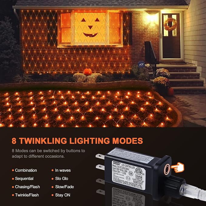woohaha Outdoor Halloween Net Lights, 9.8FTx6.6FT 192 LED Plug-in Mesh Lights with 8 Lighting Modes, Connectable Light for Bush Christmas Garden Tree Holiday Wedding Party Decor, Orange