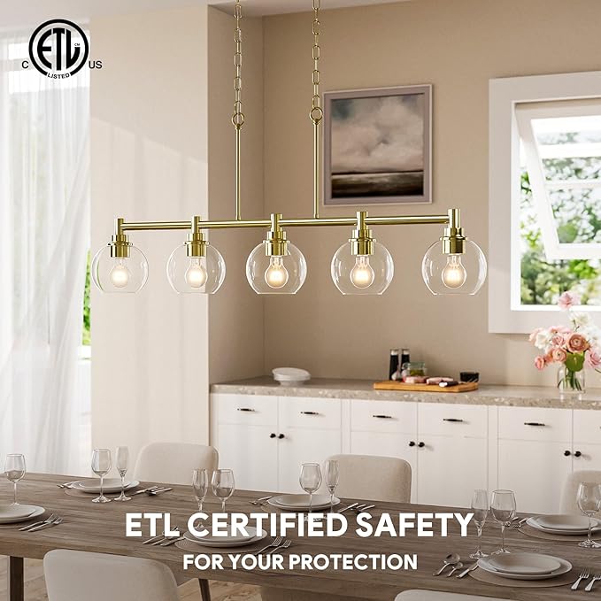 VONLUCE Dining Room Light Fixture Over Table, 5-Light Kitchen Island Lighting with Round Glass Shades & Adjustable Hanging Heights, Linear Chandlier for Dining Room Kitchen, Gold, ETL Certificated