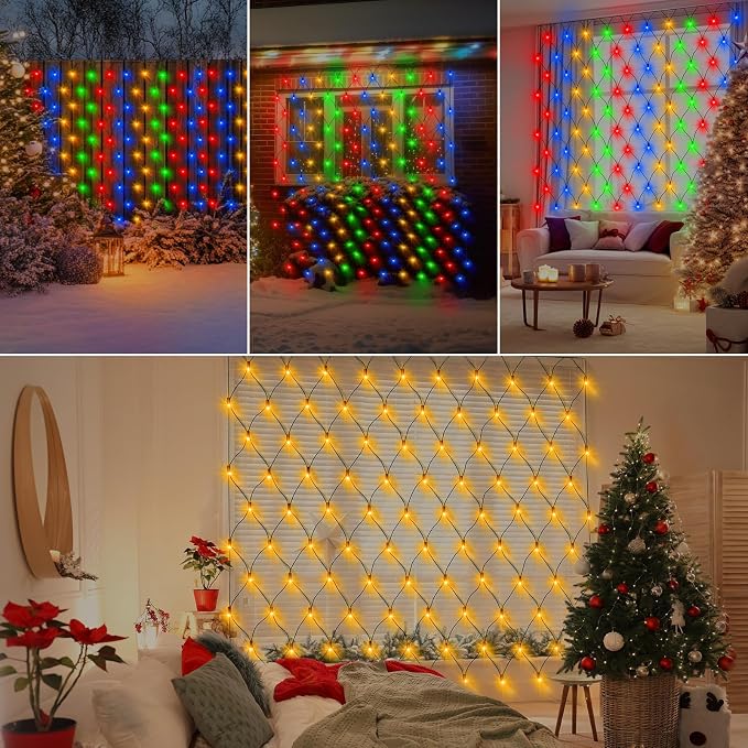 echosari Net Lights Battery Operated, 100 LED Dual Color Changing Bush Lights 5X 5Ft Christmas Net Light with Remote for Garden Shrub Bush Fence Decor (Warm White & Multicolor)