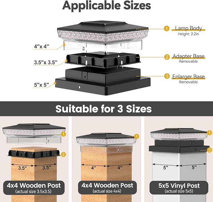 KEILAIMO Solar Post Cap Lights 12 Packs for 4x4 5x5 Wooden/Vinyl Posts, IP65 Waterproof Fence Post Solar Lights with Warm/Cool/Neutral Lighting, Outdoor Post Lights for Garden, Patio, Porch- Black
