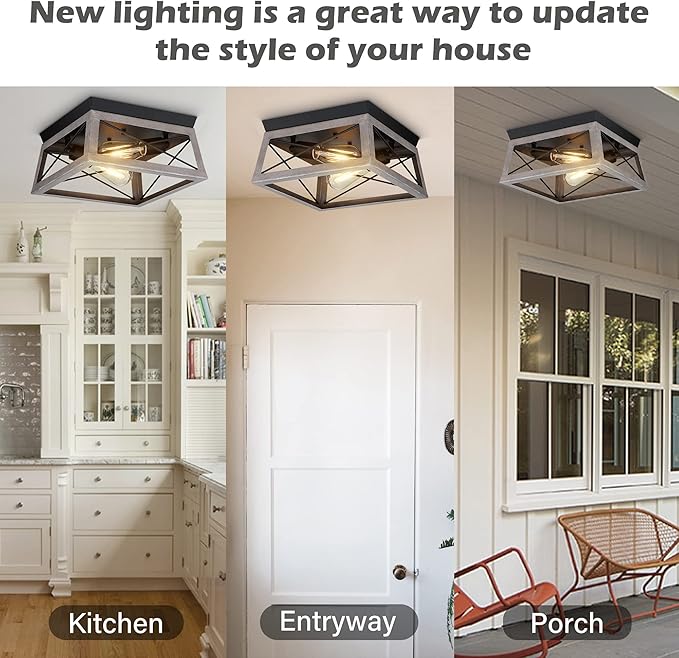 Pia Ricco Flush Mount Ceiling Light Fixture, Industrial Outdoor Ceiling Light for Front Porch, Rustic Farmhouse Style, Modern Square Light for Entry, Hallway, Kitchen, Grey