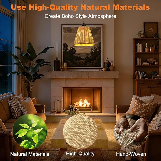 Pendant Light Hanging Lights 15ft Plug in Pendant Light - Hanging Light with On Off Switch Plug in Cord Pendant Light Fixture E26 E27 Light SocketCord for Bedroom Living Room ( 4-Wicker Lampshade)