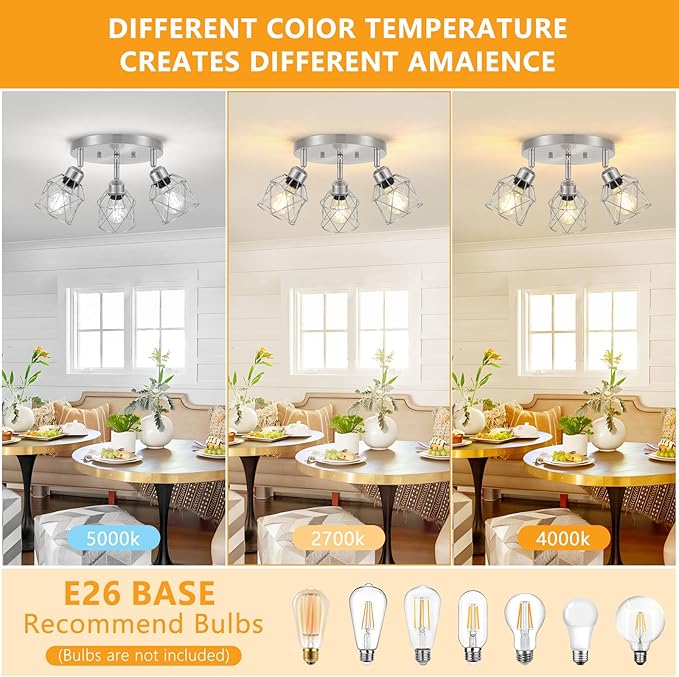 3-Light Brushed Nickel Semi Flush Mount Ceiling Light, Adjustable Kitchen Light Fixtures Ceiling Mount E26 Base Multi-Directional Silver Ceiling Spot Lights for Hallway Farmhouse Foyer