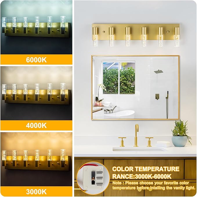 Bathroom Vanity Light Fixtures Over Mirror, Brushed Golden Finish Coating, 6 Light Wall Sconces for Bathroom
