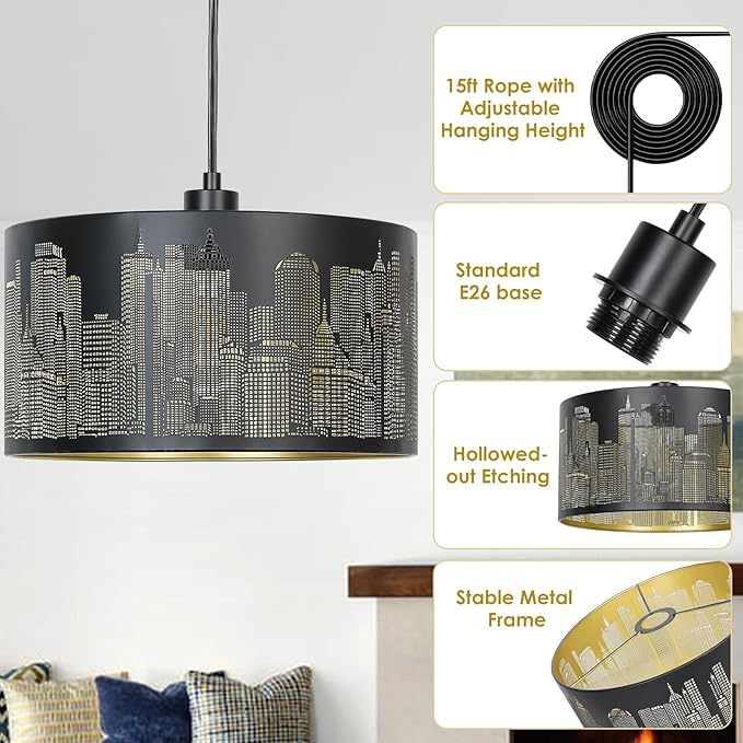 Qingmiao Plug in Pendant Light, Hanging Lamp Plug in with Metal Shade, 3-Way Dimmable Hanging Light Fixture for Living Room Bedroom Kitchen Ceiling Farmhouse Home Decor