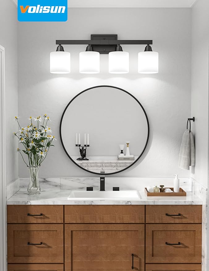VOLISUN Matte Black Bathroom Light Fixtures, 4-Light Bathroom Vanity Lights Over Mirror, Modern Vanity Light for Bathrooms, Bathrooms Lights Fixtures Over Mirror with Milky White Frosted Glass Shades