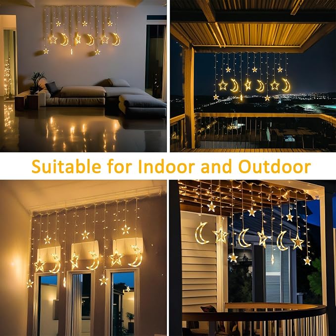 138 LED Star Moon String Lights, Warm White Fairy String Lights with 12 Hooks, Twinkle Battery Operated Lights with Remote, 8 Modes for Bedroom, Ramadan Decoration