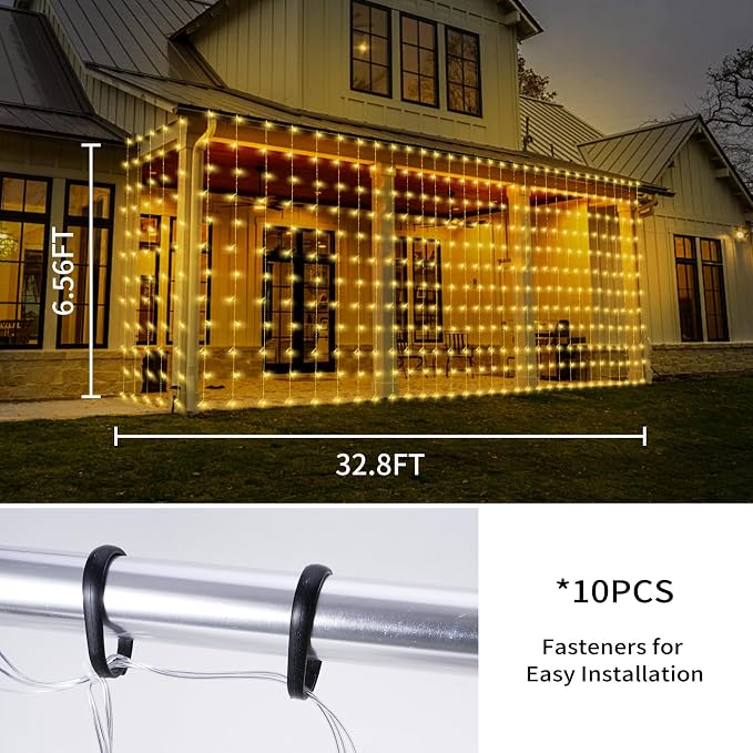 32.8 * 6.56FT Large Size Solar Curtain Lights Outdoor, 8 Modes Outdoor Curtain String Light, Solar Garden Christmas Lights Decortions for Patio, Gazebo, Eaves, Fence, Tree, Porch (Warm White)