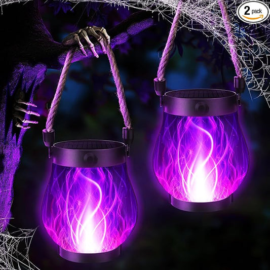 iBaycon 2 Pack Gen2 Solar Lantern Lights USB Halloween Flame Lamp, Purple | Solar Garden Lights with Dual Charging USB & Solar, 2 Modes Outdoor Waterproof Hanging Lantern for Home Halloween Decor