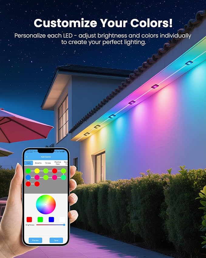 KISUFU 200FT RGB+IC Permanent Outdoor Lights, 24V Year-Round Roof & Eaves Lighting with 221 Modes, App & Remote Control, IP68 Waterproof, Smart Outside Lights for Halloween, Christmas, Holidays