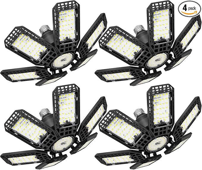 4 Pack Garage Lights, 28000LM Super Bright LED Shop Lights with 6+1 Deformable Panels, 6500K Garage Light Ceiling Led, E26 Socket Screw in Bulb for Warehouse, Workshop, Basement, Attic