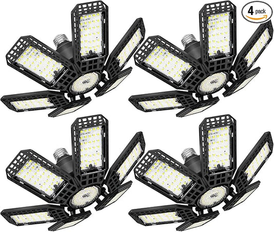 4 Pack Garage Lights, 28000LM Super Bright LED Shop Lights with 6+1 Deformable Panels, 6500K Garage Light Ceiling Led, E26 Socket Screw in Bulb for Warehouse, Workshop, Basement, Attic