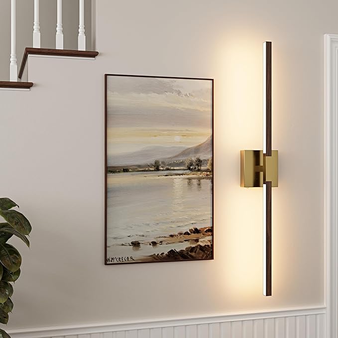 Rayogale 32 Inch Rechargeable Battery Operated Wall Sconce Set 2, 8000mAh Cordless, 3000K/4500K/6000K, Dimmable, Remote, Touch Control, 360° Rotation for Living Room Gold Walnut 2 Pack
