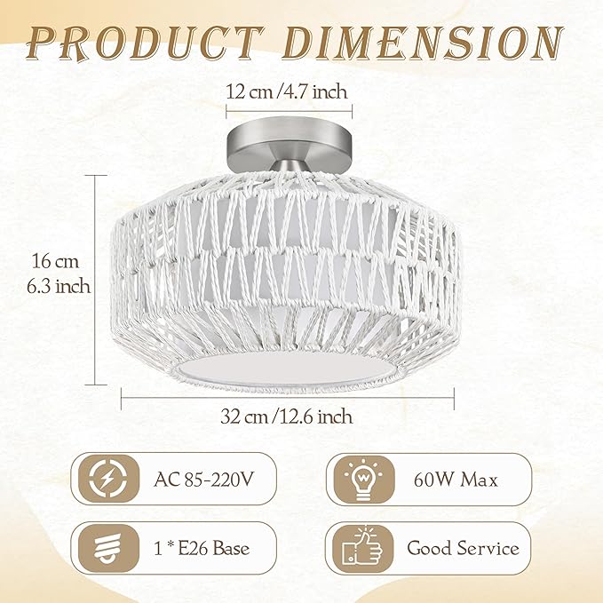 12.6 inch White Rattan Ceiling Light Fixture Boho Ceiling Light Hand-Woven Rattan Chandelier Fabric Shade Boho Chandelier for Dinning Room Kitchen (Bulb Incl.)