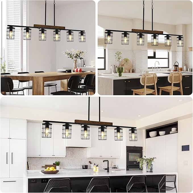 47.2" Farmhouse Kitchen Light Fixture, Black Hanging Kitchen Chandelier, 6-Light Rustic Dining Room Light Adjustable Height with Wood and Metal Frame, Suit for Farmhouse, Industrial Style