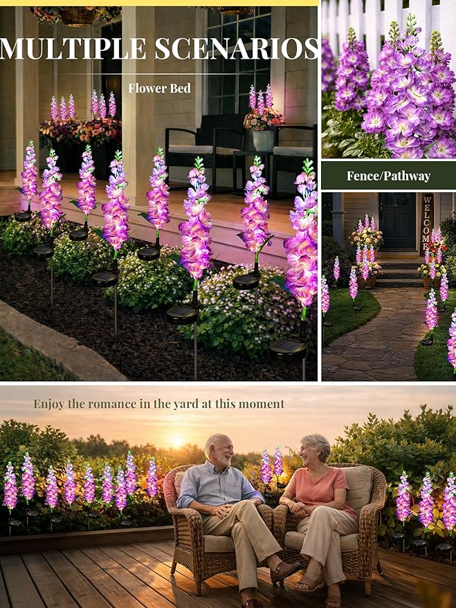 GIGALUMI Solar Lights Outdoor for Garden Decor, 3 Pack Solar Flower Lights Waterproof, 2 Lighting Modes Delphinium for Pathway,Yard, Patio, 4th of July Decoration, Gifts for Women (Purple)