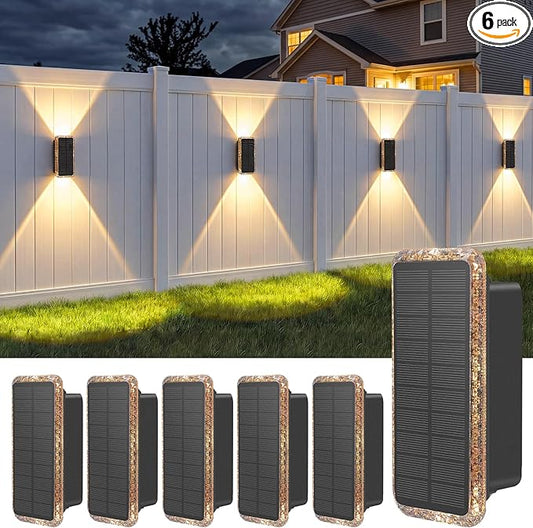 vighep Solar Fence Lights Outdoor 6 Pack, 5CCT(3000K-6000K) Up and Down Solar Wall Lights, IP65 Waterproof Dusk to Dawn Wood Fence Lights Solar Powered for Patio, Porch, Backyard, Garage, Wall Decor