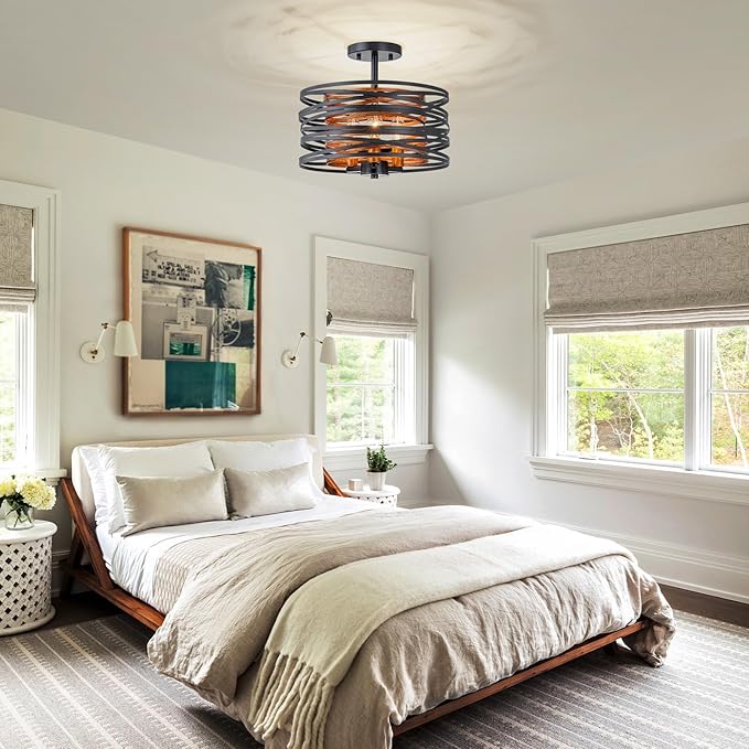 D13 inch Farmhouse Ceiling Light, 3-Light Rustic Design Semi-Flushmount Close to Ceiling Light Fixture, for Living Room, Foyer, Bedroom, D12.6 x H11 in, Matte Black & Wood Texture Finish