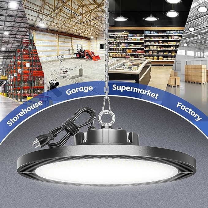 Led High Bay Lights 200W - 28000lm 5000K Super Bright Waterproof Led Shop Lights with Plug 5' Cable and Hook Ring, Garage Light for Factory Gym Warehouse Workshop（4 Pack）