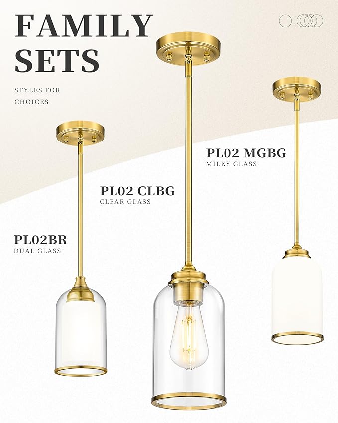 LIROUVET 2 Pack Pendant Lights, Vintage Dual Glass Hanging Lamp, Brushed Gold Pendant Lights Kitchen Island with Clear and Milk Glass, Pendant Lighting for Dining Room PL02BR-2PK