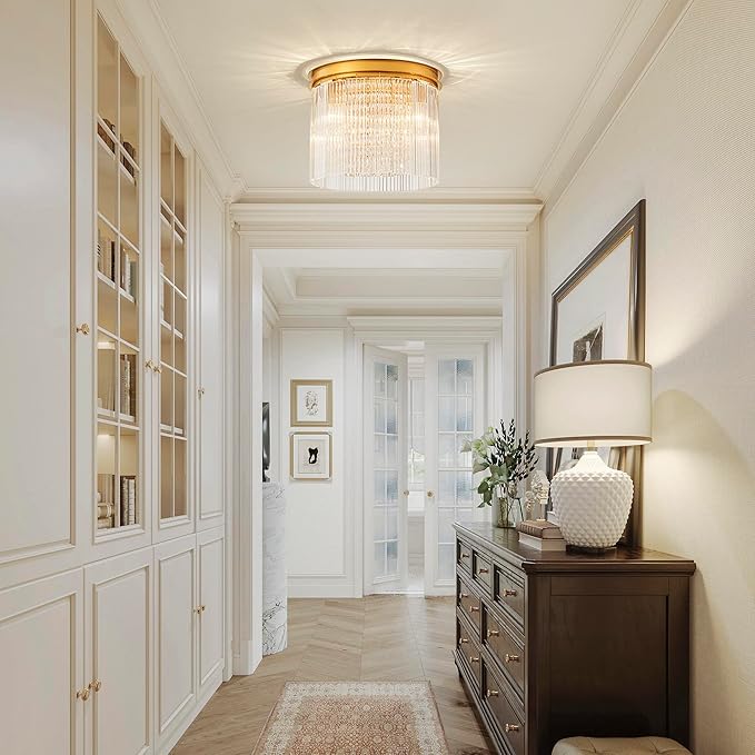3-Light Drum Ripple Glass Ceiling Lights, Modern Style Flushmount Light Fixture for Kitchen, Bedroom, D12 * H10 inch, Ripple Glass Shade & Brass Finish Canopy
