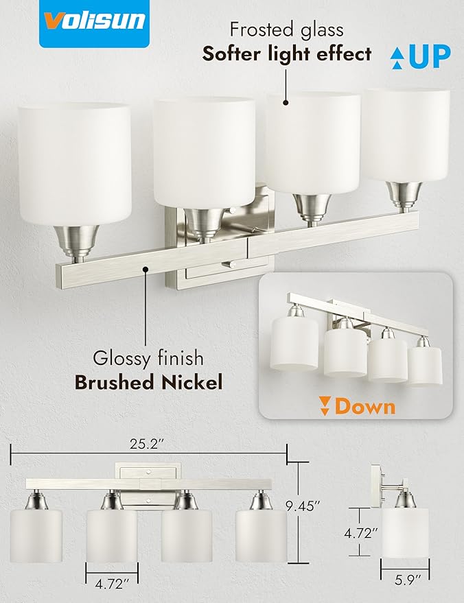 VOLISUN Brushed Nickel Bathroom Light Fixtures, 4-Light Bathroom Vanity Lights Over Mirror, Modern Vanity Light for Bathrooms, Bathrooms Lights Fixtures Over Mirror with Milky White Glass Shades