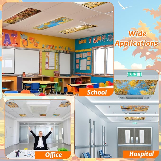 8 Pcs Fluorescent Light Covers with 80 Magnets Decorative for Classroom Ceiling Lights 4 x 2 Feet Magnetic Light Cover Filter Easy Install for Office Hospitals Drop Home Ceiling Supplies (FALL)