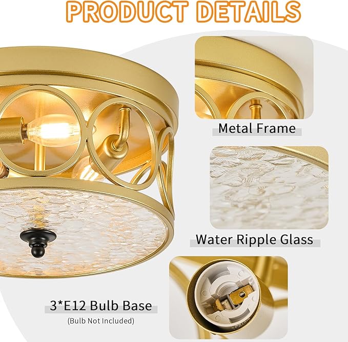 3-Light Flush Mount Ceiling Light Fixture, 11.2in Gold Metal Farmhouse Ceiling Lighting with Clear Glass & E12 Socket, for Kitchen Island, Bedroom, Entryway, Dining Room