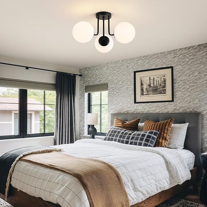 Modern Semi Flush Mount Ceiling Light, 3-Light Glass Globe Ceiling Light Fixture, Matte Black Mid Century Sputnik Chandelier for Living Room, Bedroom, Hallway, Kitchen (Blub Included)