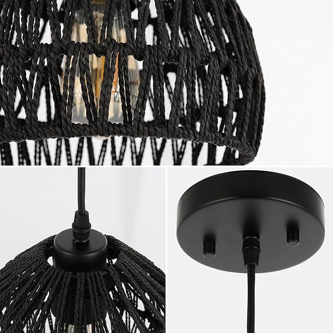 JONATHAN Y 8.25" Black Modern Bohemian Woven Rope LED Pendant Light Fixture, Adjustable Dome Ceiling Lamp for Kitchen Island, Rope Shade, Coastal Farmhouse Decor (JYL6512B)