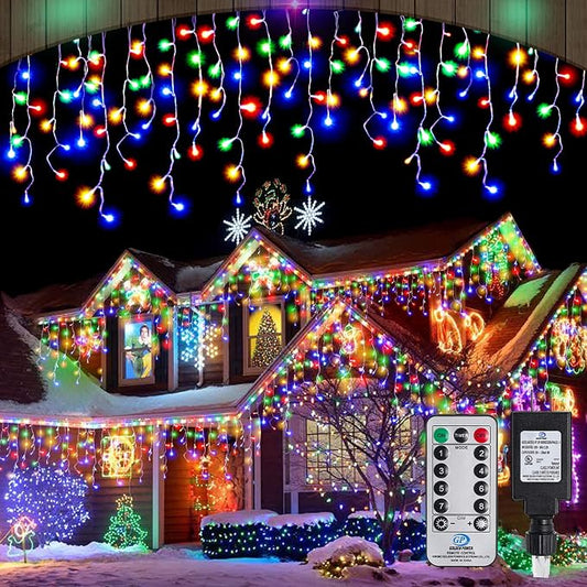 Christmas Icicle Lights Outdoor,640 LED 65.6 FT 8 Modes with Remote Control, Curtain Fairy String Lights for Christmas Decorations Holiday Wedding Party Eaves Window Yard Indoor (Multicolor)