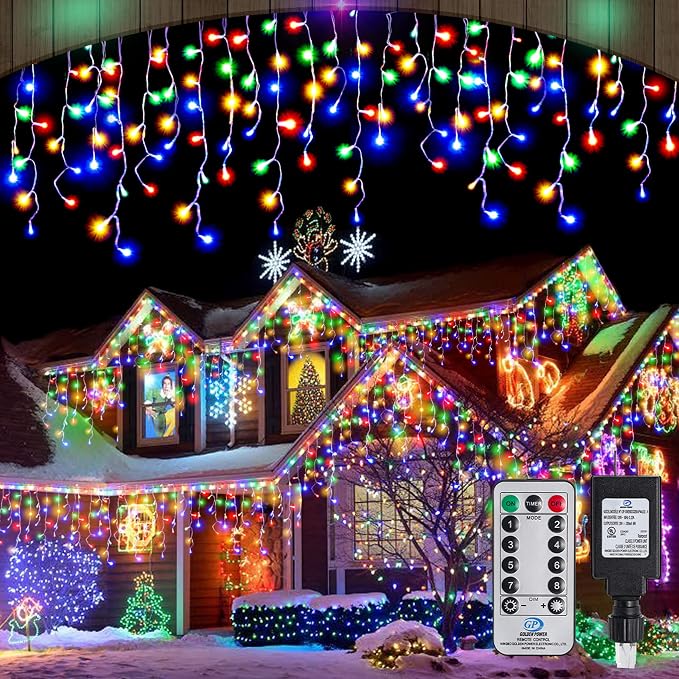 Christmas Icicle Lights Outdoor, 1008 LED 98.4 FT 8 Modes with Remote Control, Curtain Fairy String Lights for Christmas Decorations Holiday Wedding Party Eaves Window Yard Indoor (Multicolor)