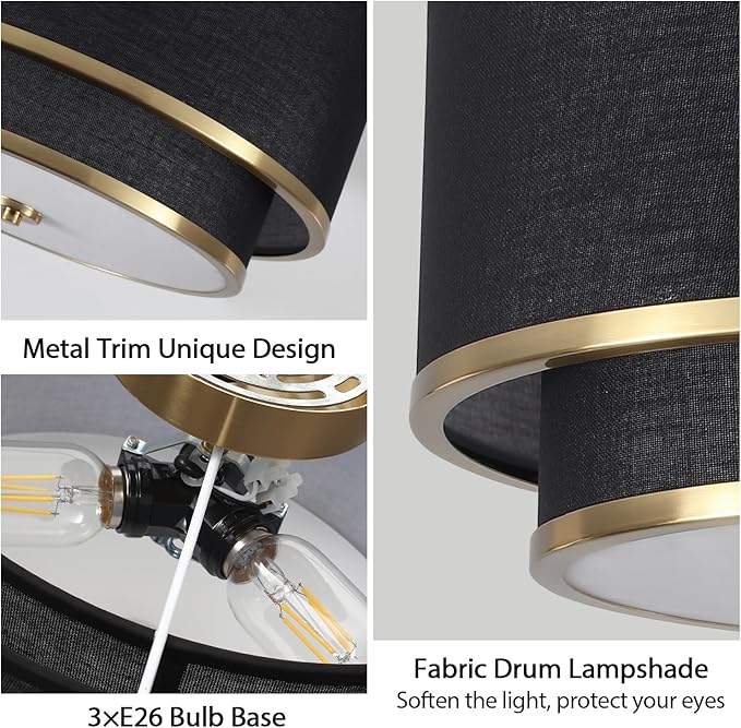 Luupyia 15.75 Inches Drum Ceiling Light Black and Gold, 3-Lights Fabric Simple Semi Flush Mount Ceiling Lights with Double Fabric Shade, Drum Overhead lighting for Bedroom Hallway Living Room E26, 60W