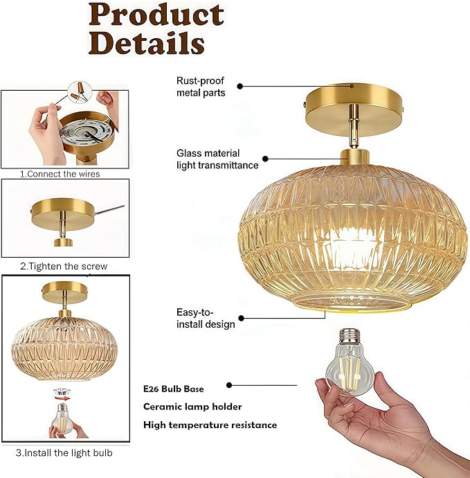 Semi Flush Mount Ceiling Light Fixture,Sloped Ceiling Light Fixture,Small Hallway Light Fixtures,Amber Glass Ceiling Fixture,Kitchen Ceiling Light Fixture,Vintage Ceiling Lighting for Porch Entryway