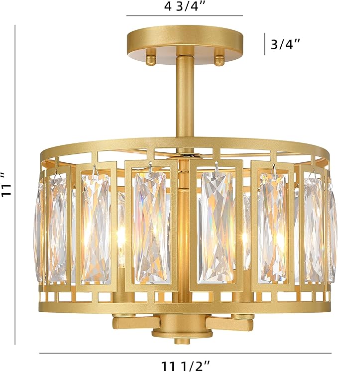 Gold Semi Flush Mount Ceiling Light, 3-Light Modern Brass Ceiling Fixture with K9 Crystals, Bedroom Light Fixture, Semi Flush Mount Ceiling Lights