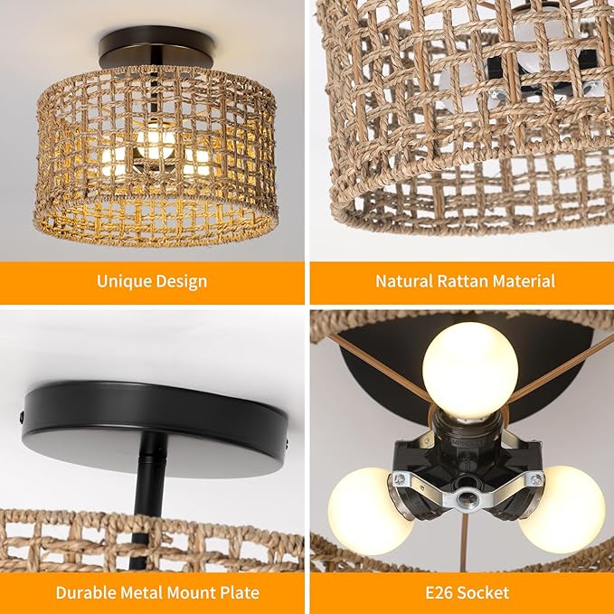 Bohemian Rattan Semi-Flush Ceiling Light, 12-inch 3-Light Handwoven Pendant with Natural Fiber Shade, Vintage Farmhouse E26 Fixture for Bedroom Kitchen Entryway (Retro Design, LED Bulb Compatible)