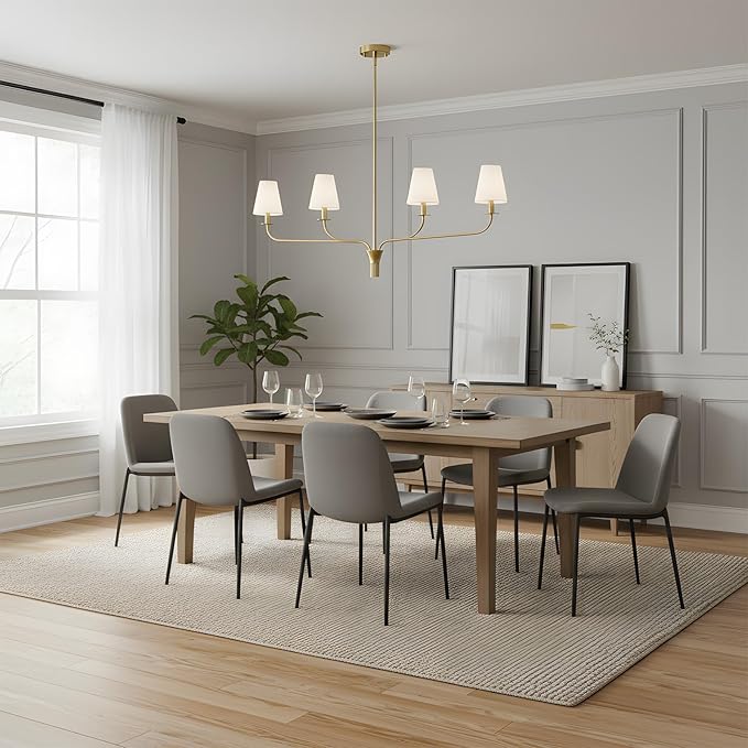 Modern 42" Linear Chandelier for Kitchen Island & Dining Room - 4-Light Gold Finish with White Fabric Shades, Adjustable Hanging Pendant Light Fixture, E12